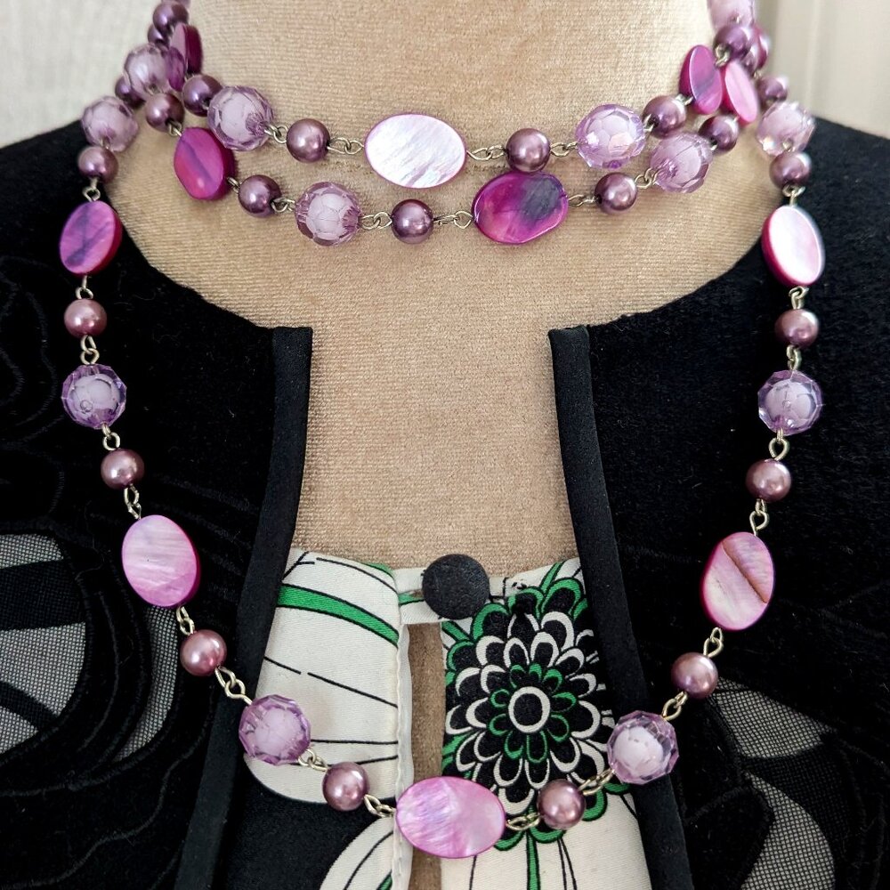 Long Purple Shell Rope Necklace Boho Layered Flapper Art Deco Style Jewelry 52"